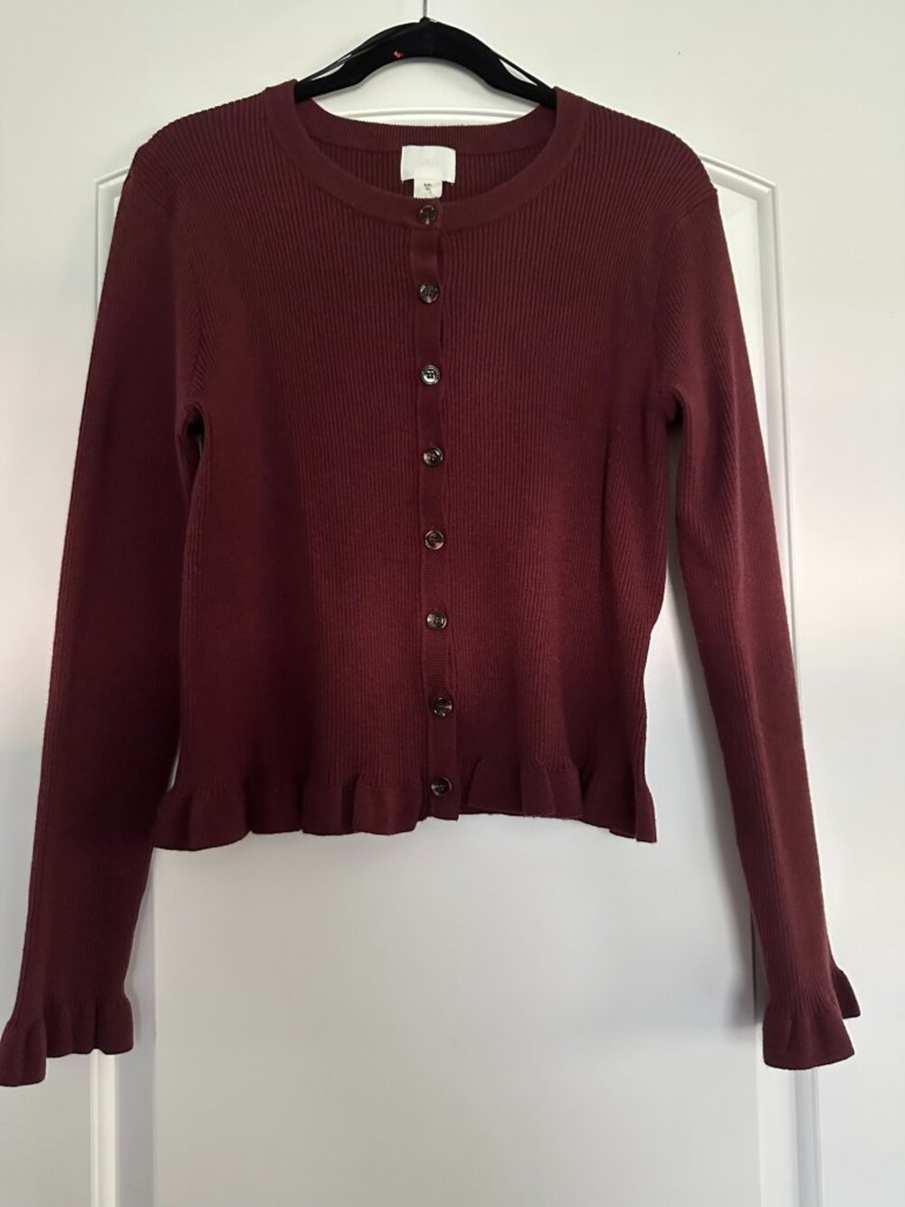 H&M Ribbed Ruffle-Trimmed Cardigan — Plum Red / Burgundy